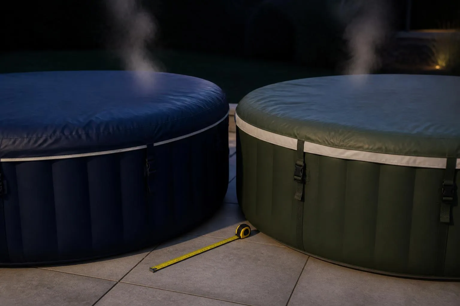 Deux spas gonflables ronds voisins sur une terrasse au crépuscule, l'un bleu nuit, l'autre vert olive, couvercles posés