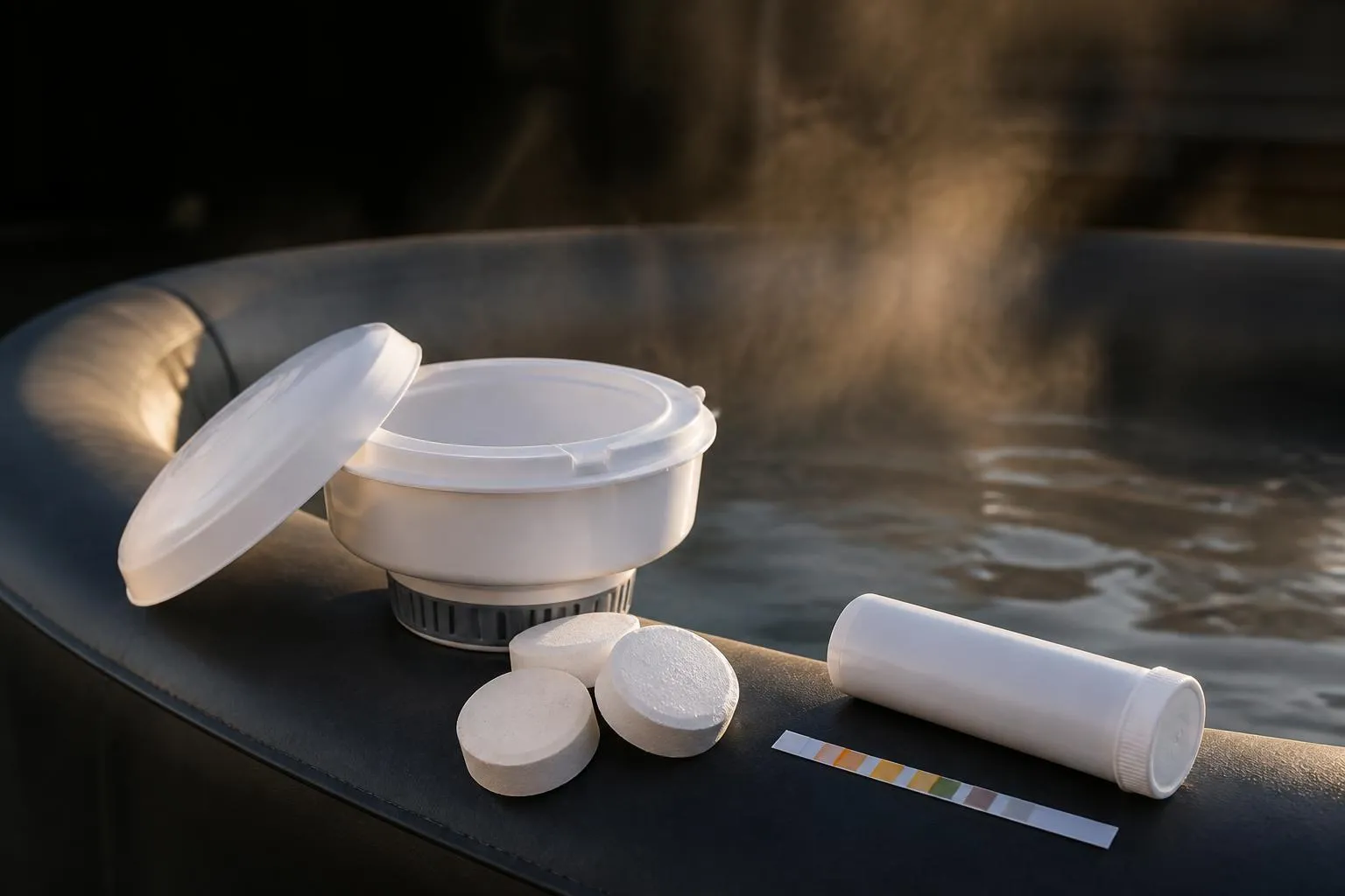 Pastilles de brome et diffuseur flottant posés au bord d'un spa gonflable fumant, éclairage de fin de journée