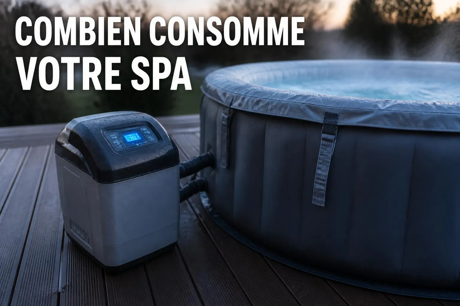 Bloc pompe-réchauffeur d'un spa gonflable sur une terrasse en bois, couvercle isolant sanglé sur le bassin, à la tombée du jour