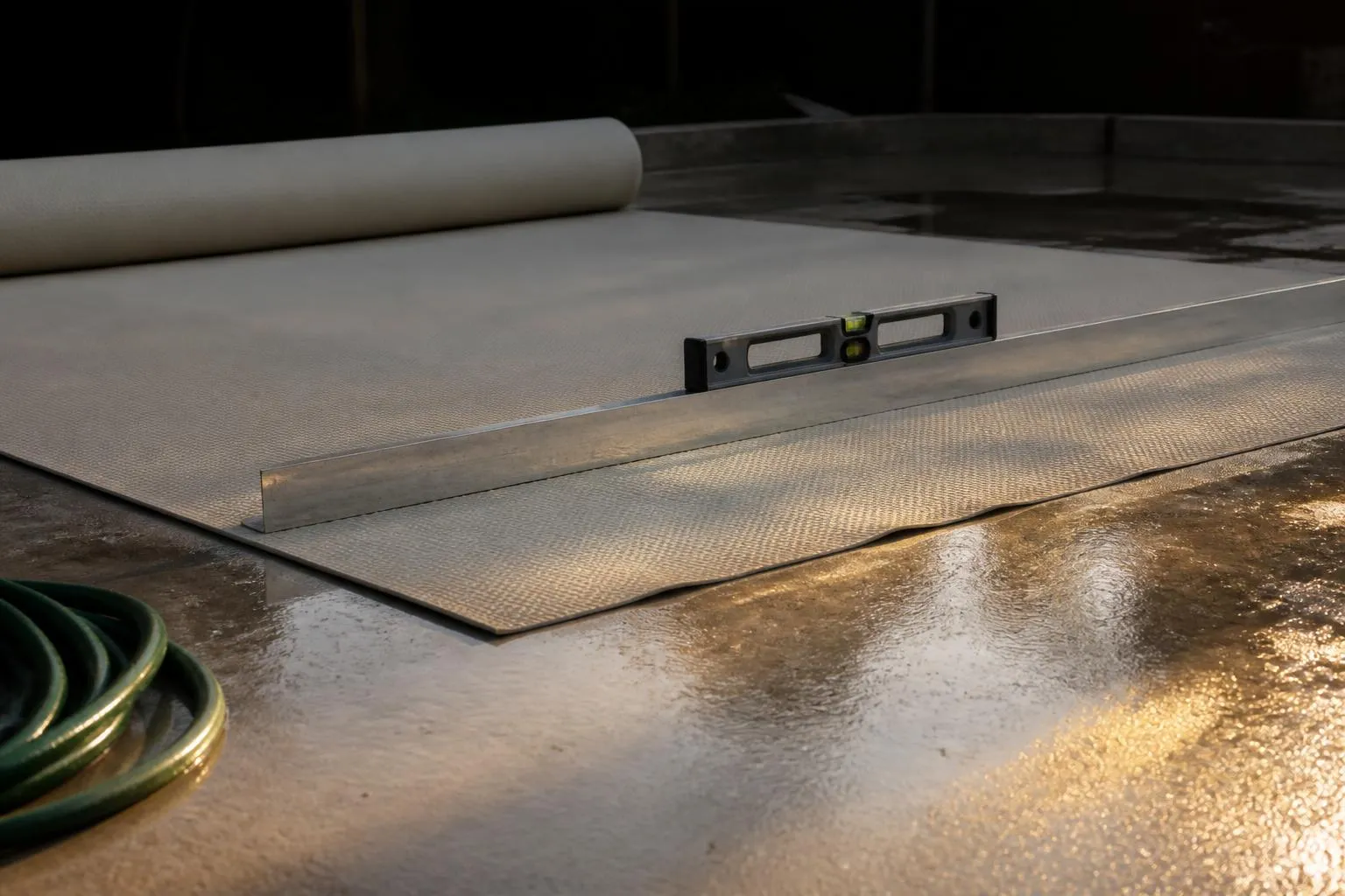 Tapis de sol de spa déroulé sur une dalle béton, avec une règle de maçon en aluminium et un niveau à bulle posés en travers