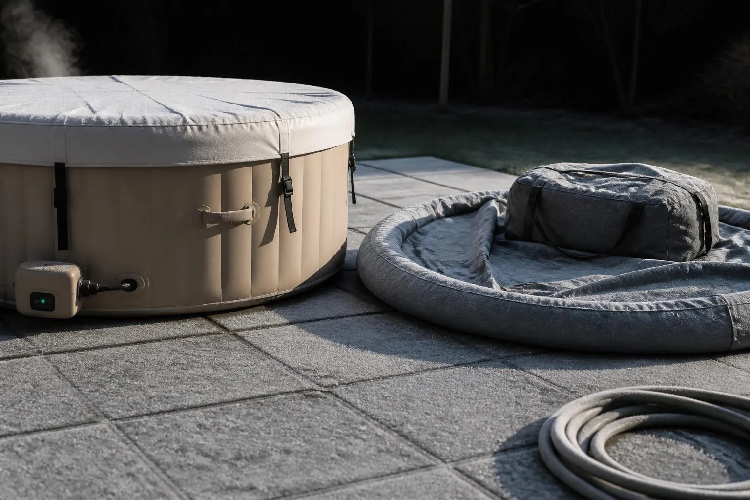 Un spa gonflable beige couvercle clipsé et en eau sur une terrasse givrée, à côté d'un spa gris cérusé vidé et replié