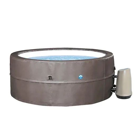 Le NetSpa Vita Premium vu de face, bassin rond taupe à liner blanc et bloc moteur latéral