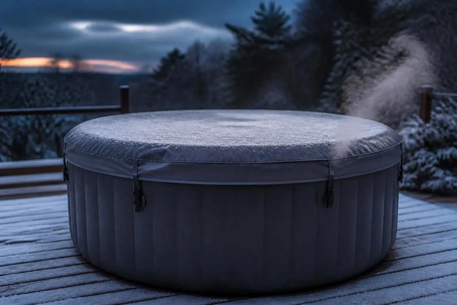 Spa gonflable couvert sur une terrasse enneigée, vapeur au-dessus du couvercle clipsé